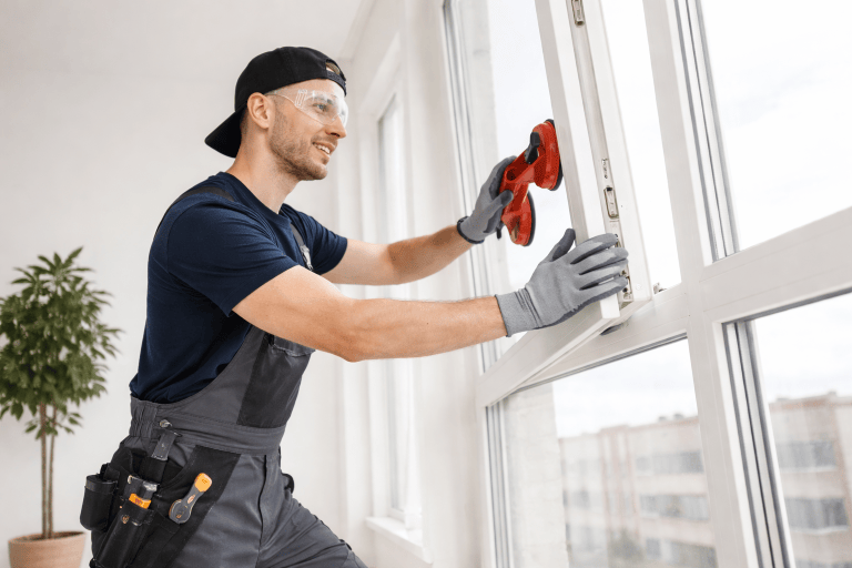 Fensterbauer setzt ein neues Fenster ein
